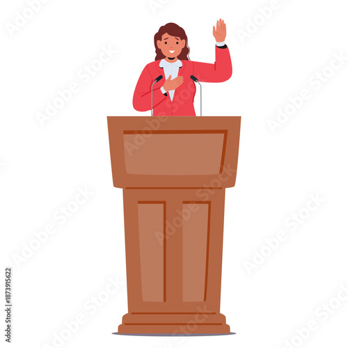Female politician cartoon character with her hand raised taking oath before speech at podium