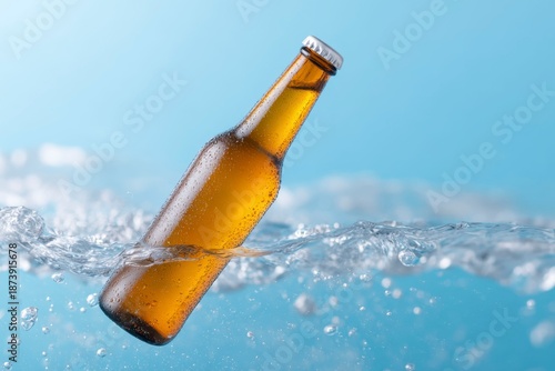 closeup of a beer bottle falling into water, against a blue background.