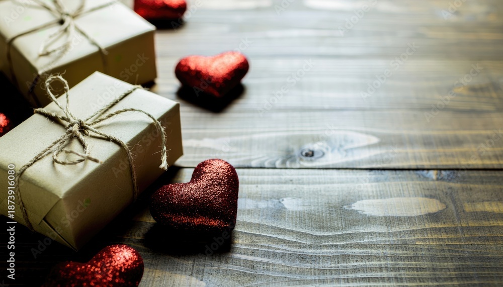 Fototapeta premium Valentine's Day. presents, heart felt and decor on wooden background