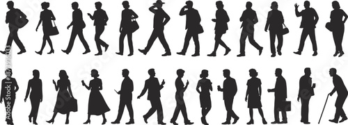 Walking business people silhouettes, professional men and women in motion, office commuters, corporate lifestyle collection, black human figures isolated