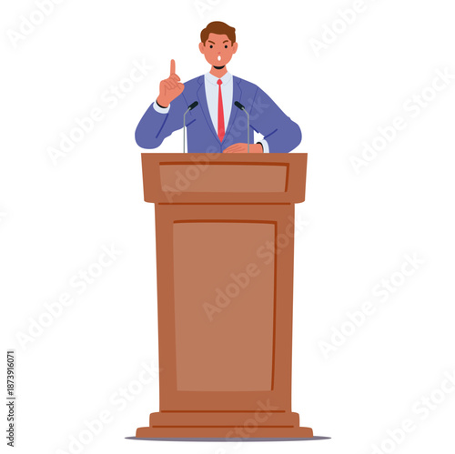 Menacing male politician cartoon character frowning forehead giving unshakable argument at podium