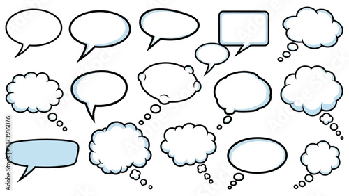 Assorted Comic Speech Bubbles and Thought Clouds in Various Shapes.