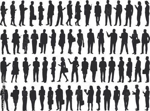 Business people standing silhouette collection, professional men and women with briefcases, corporate office workers group, teamwork concept, black isolated vector