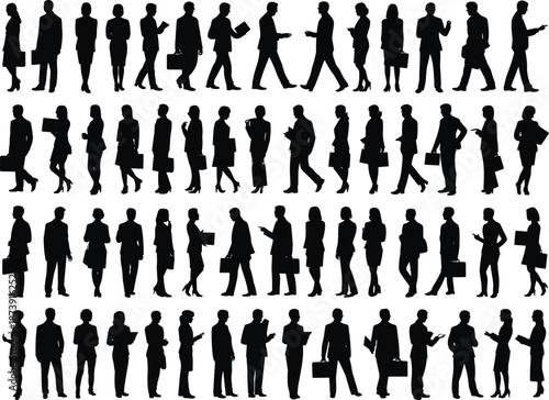 Business people walking silhouette set, professional men and women with briefcases, corporate office crowd, working lifestyle poses, black isolated vector