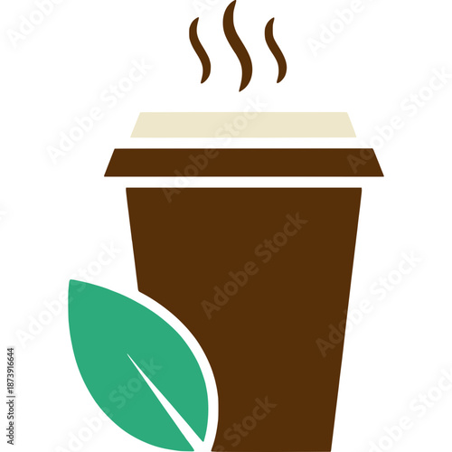 Steaming hot coffee cup with green leaf design on side