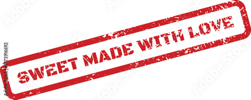 Red textured rubber stamp with the phrase SWEET MADE WITH LOVE imprinted diagonally, indicating a handcrafted product