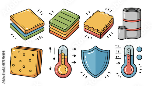 Insulation and Temperature Control Illustration: An artistic illustration showcasing various forms of insulation materials alongside a thermometer and a shield.