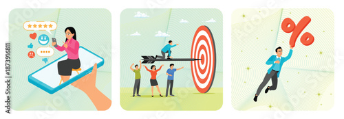 Customer experience concept. Company target achievement. Businessman carry heavy percentage sign.