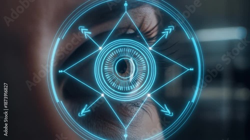 Futuristic iris scanning for global digital identity access, realistic human eye macro shot
