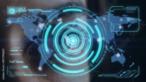 Futuristic iris scanning for global digital identity access, realistic human eye macro shot