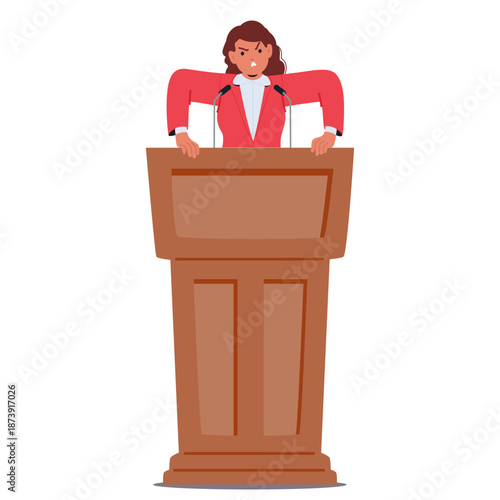 Furious female politician cartoon character expression irritation and rage giving speech at podium