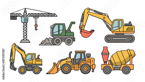 Construction Site Icons: A detailed illustration showcasing an array of construction machinery, designed to capture the essence of building and infrastructure development.