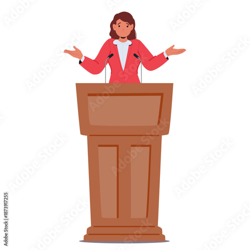 Confused female politician cartoon character with doubt emotion at podium isolated on white