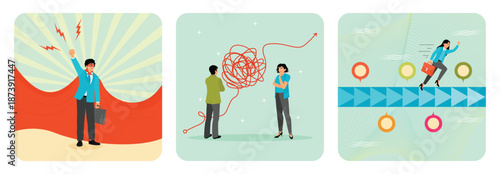 Superhero businessman with superpower. Complicated problem. Time line project planning.