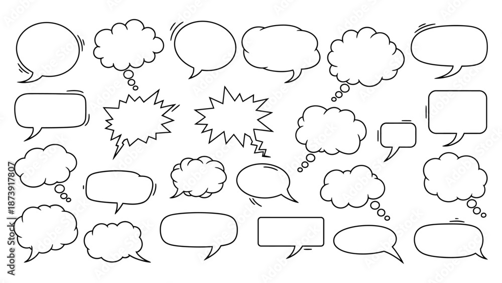 Fototapeta premium Collection of Hand-Drawn Black and White Speech Bubbles for Communication and Design.