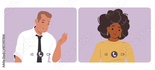 Cartoon desktop screen featuring video conference with diverse colleagues global collaboration