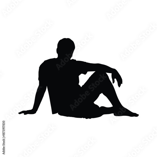 Flat minimalist black sitting silhouette icon of a relaxed man with knees up, arms resting on legs.