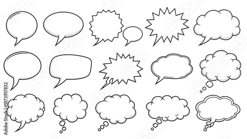 Collection of Comic Speech Bubbles in Various Shapes and Styles.