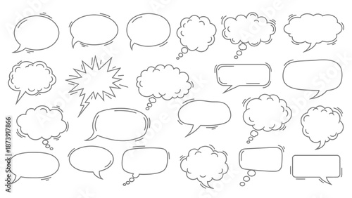 Collection of Hand-Drawn Speech Bubbles in Various Shapes and Styles.
