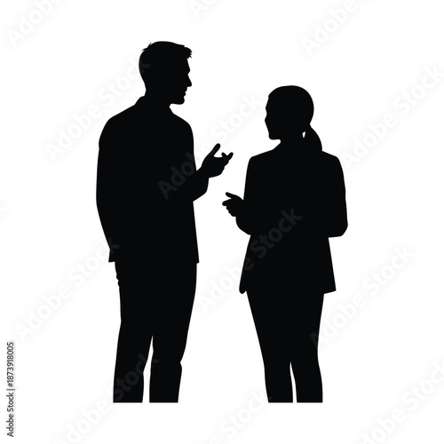 Flat minimalist black business conversation silhouette icon of a man and woman talking, gesturing with hands