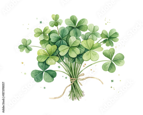 Lucky Clover Bouquet Watercolor Illustration, Irish Floral Element for St. Patrick’s Day Isolated on White