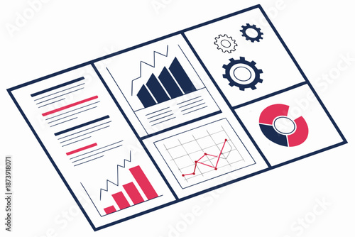Detailed business report featuring performance metrics, bar charts, line graphs, and process gears illustration