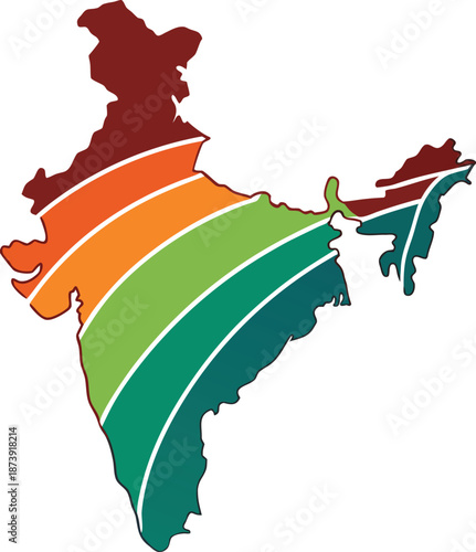 Stylized colorful striped map outline graphic representing abstract development and progress within the nation of india