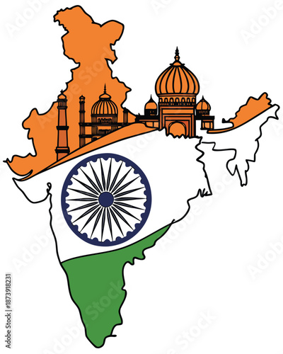 Symbolic illustration representing the nation of india featuring the map outline and iconic historical architectural landmarks