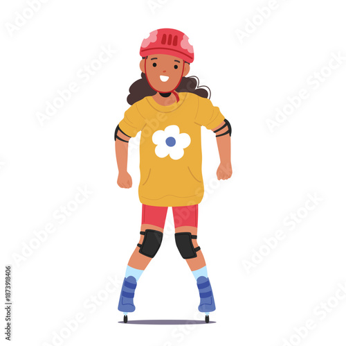 Preteen girl cartoon character learning roller skating making first steps and practicing balance