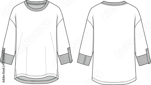 Crew neck sweatshirt technical fashion drawing with ribbed cuffs and long sleeves, vector flat sketch for cad apparel design