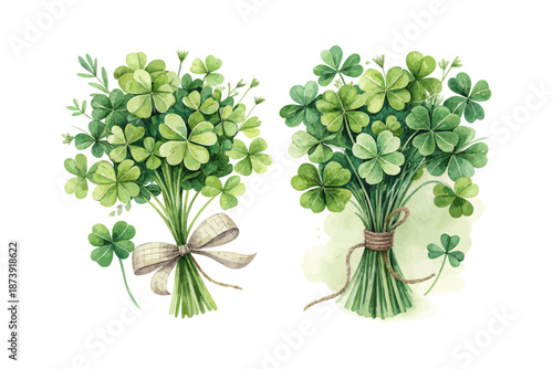 Clover Bouquet Watercolor, St. Patrick’s Day Floral Illustration Isolated on White