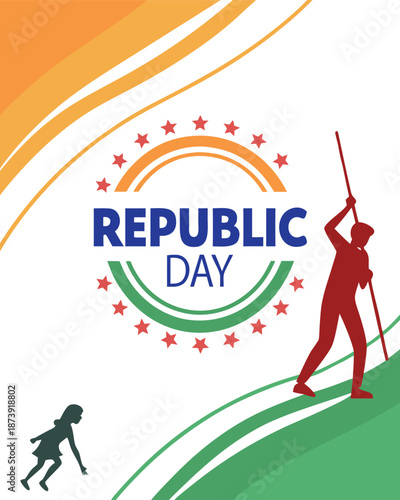 Minimalist graphic design celebrating indian republic day featuring stylized figures and national colors elements