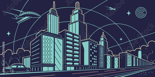 Stylized retrofuturistic cityscape illustration featuring glowing neon lines, tall buildings, an airplane, and vintage automobile travel.