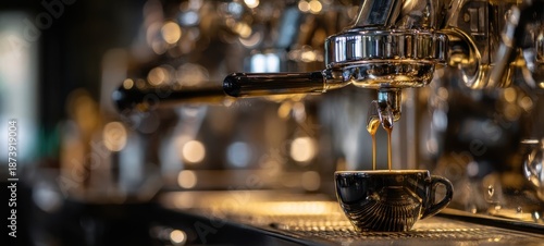 The espresso machine pouring a fresh espresso shot into a small porcelain cup © Studio Nova