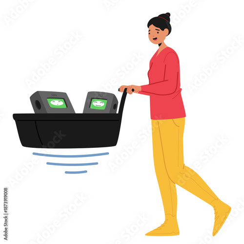 Woman futuristic smart city citizen strolling cute robotic babies isolated on white background