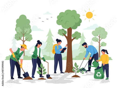 Community Volunteers Planting Trees and Caring for the Environment in a Forest Scene