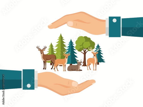 Protecting Nature Hands Cupping Wildlife and Forest, Symbolizing Conservation and Preservation