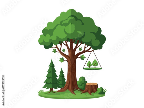 Stylized Illustration of a Lush Green Tree with Forest Elements, Nature and Environmental Theme