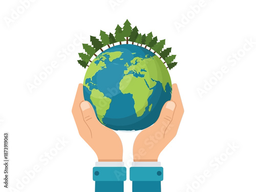 Hands holding the planet with trees, symbolizing environmental protection and global conservation