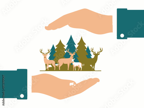 Protecting Wildlife Hands Cupping Forest and Deer, Symbolizing Conservation and Preservation
