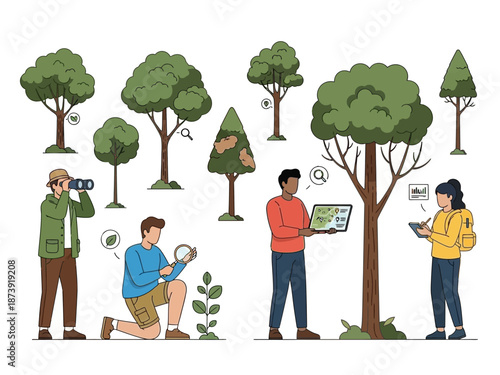 Ecological Exploration Diverse Illustrations of Individuals Studying and Observing Nature with Various Tools