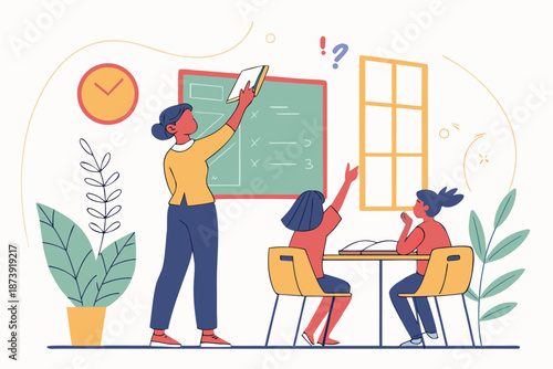 Engaging illustration of a dedicated female teacher instructing students who eagerly raise their hands during class time.