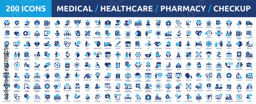 Huge set of 200 solid icons. Mega collection concept of medical, healthcare, pharmacy, checkup, and medicine. Vector illustration.