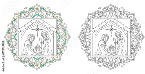 Christmas Nativity scene vector illustration featuring Mary, Joseph, and Baby Jesus in a stable with decorative mandala border. Linear black and white outline suitable for coloring book.