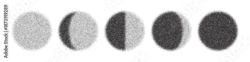 Spray illustration of Moon phases. Stipple texture of black and white gradation. Halftone vector of planet with light and dark sides. Circles with dot pattern