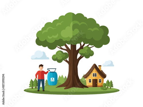 Caring for the Environment Man Watering Tree in Front of House, Promoting Sustainability