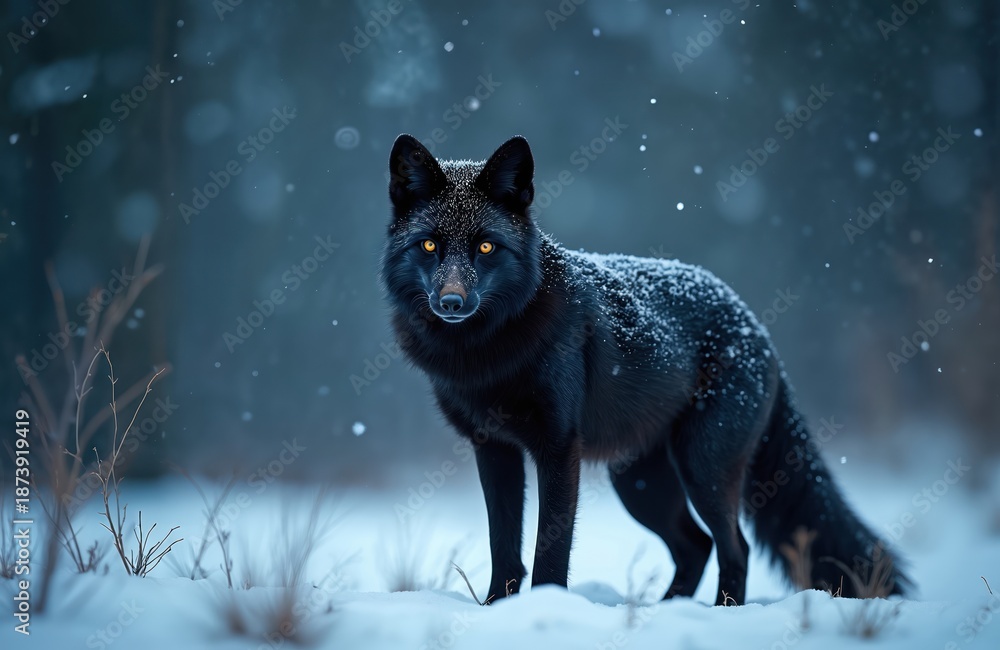 Fototapeta premium Black fox with glowing yellow eyes stands in a snowy forest during snowfall. Its dark fur is dusted with white snowflakes. The wild animal looks calmly into the camera.