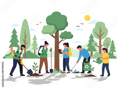 Volunteers Planting Trees and Cleaning Up the Environment in a Park Setting