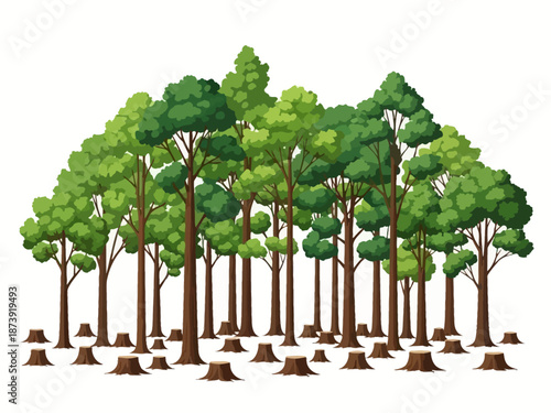 Deforestation An illustration depicting tree stumps and a remaining forest, highlighting environmental concerns