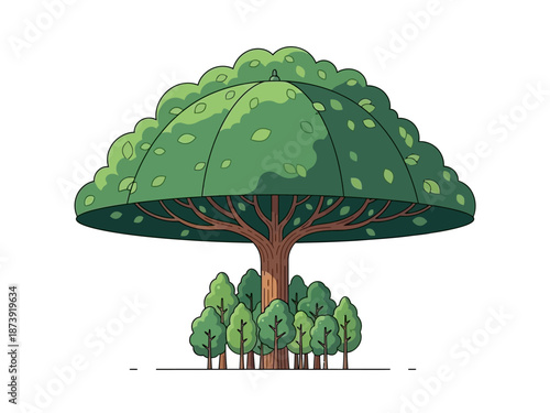 Whimsical Illustration of a Large Tree with a Forest of Smaller Trees Beneath It Nature